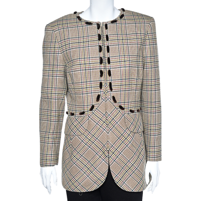 Pre-owned Valentino Boutique Beige Prince Of Wales Check Wool Blazer L