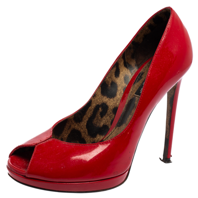Pre-owned Dolce & Gabbana Red Patent Leather Peep-toe Platform Pumps Size 36.5