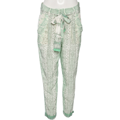 Pre-owned Roberto Cavalli Light Green Printed Silk Belted Trousers S