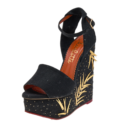 Pre-owned Charlotte Olympia Black Canvas Mischievous Embellished Platform Wedge Ankle Strap Sandals Size 38