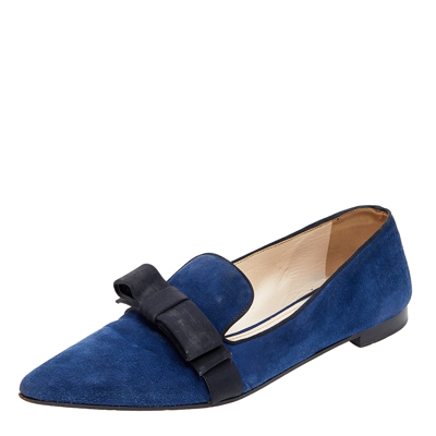 Pre-owned Prada Blue/black Suede And Fabric Bow Smoking Slippers Size 37