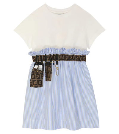 Fendi Kids' Striped Poplin And Jersey Dress In Bianco+celeste