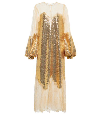 Costarellos Zahara Sequined Lace Gown In Gold Shiny/ Blush Lace | ModeSens