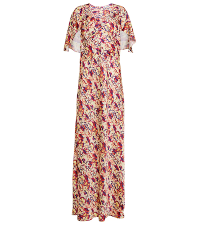 Rabanne Sunny Pansy Print Cape-sleeve Satin Dress In Multicolor
