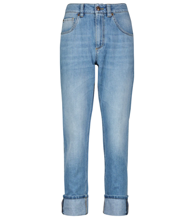 Brunello Cucinelli Embellished Mid-rise Straight Jeans In Vintage Denim Con Baffi