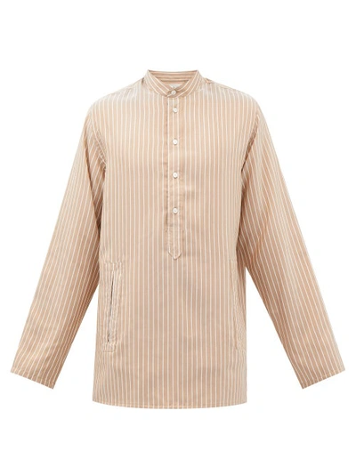 Umit Benan B+ Collarless Striped Cotton-blend Shirt In Brown