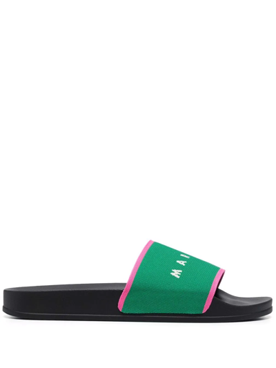 Marni Green & Pink Stretch Logo Jacquard Sandals