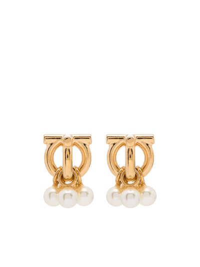 Ferragamo Gold Tone Gancini Pearl Stud Earrings