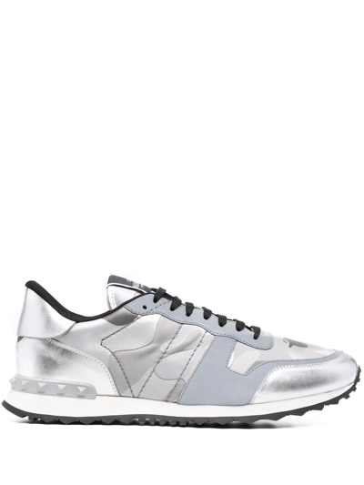 Valentino Garavani Camouflage Rockrunner Low-top Sneakers In Silver