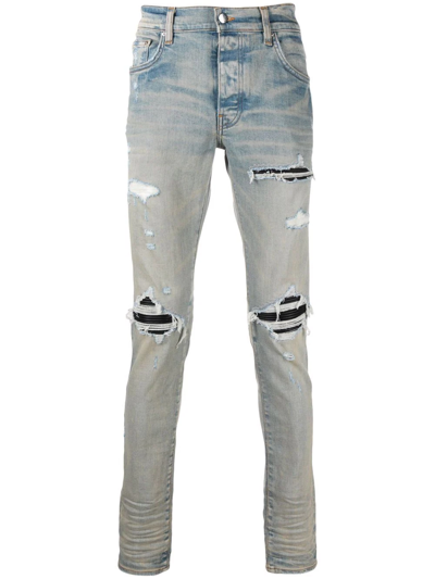 Amiri Mx1' Ribbed Leather Knee Patch Ripped Washed Skinny Jeans In Clayindigo