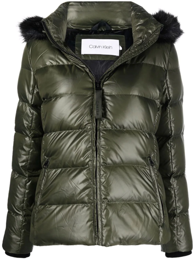 Calvin Klein Faux-fur Hood Padded Jacket In Green