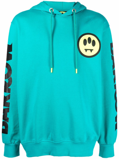 Barrow Logo Printed Cotton Jersey Hoodie In Light Blue