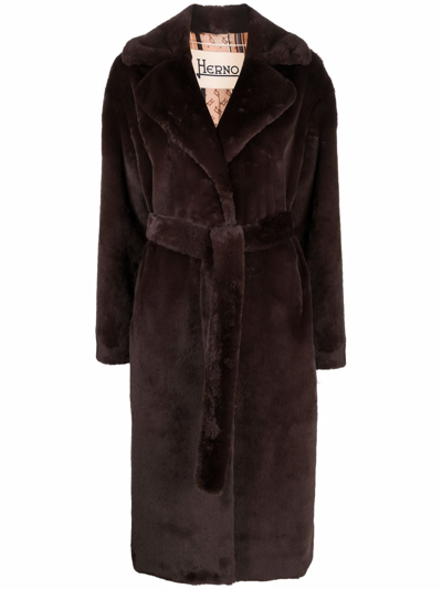 Herno Belted Faux Fur Coat In Brown