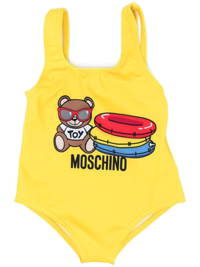 Moschino Babies' Logo-print Scoop-neck Swimsuit In Yellow