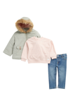 7 FOR ALL MANKIND FAUX FUR HOODED JACKET, LONG SLEEVE T-SHIRT & JEANS SET