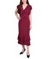 Ny Collection Plus Size Short Flutter Sleeve Ruffle Neck Dress In Deep Burgundy