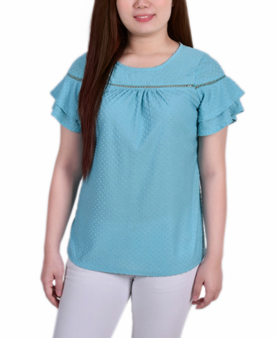 Ny Collection Petite Short Double Flutter Sleeve Swiss Dot Top In Capri