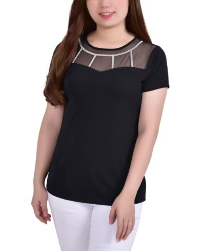 Ny Collection Petite Short Sleeve Crepe Knit Top In Black