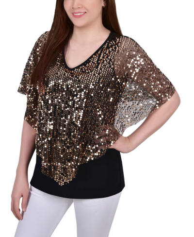 Ny Collection Petites Womens Sequined Poncho Pullover Top In Gold-tone Disco Ball