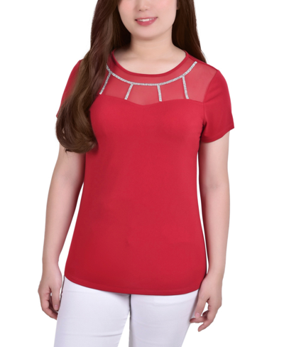 Ny Collection Plus Size Short Sleeve Crepe Knit With Mesh Yoke With Stone Details Top In Red