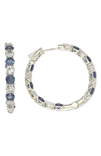 Suzy Levian Sterling Silver Cz & Blue Sapphire Hoop Earrings