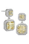 Savvy Cie Jewels Rhodium Plated Sterling Silver Asscher Cut Canary Cz Double Drop Earrings In White