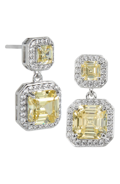 Savvy Cie Jewels Rhodium Plated Sterling Silver Asscher Cut Canary Cz Double Drop Earrings In White