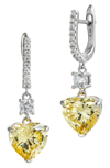 Savvy Cie Jewels Rhodium Plated Sterling Silver Canary Cz Heart Drop Huggie Earrings In White