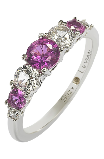 SUZY LEVIAN SUZY LEVIAN STERLING SILVER PINK SAPPHIRE & DIAMOND 7 STONE RING