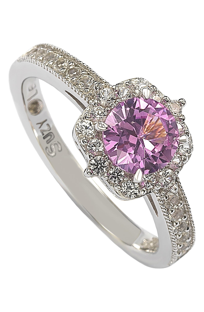 Suzy Levian Sterling Silver Pink Sapphire Center Stone & Lab Grown White Sapphire Ring
