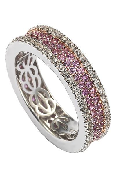 Suzy Levian Sterling Silver Pink Sapphire And Diamond Accent Pave Eternity Band In Red