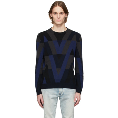 Valentino Intarsia Pattern Black Knit Jumper In Grey,black,blue