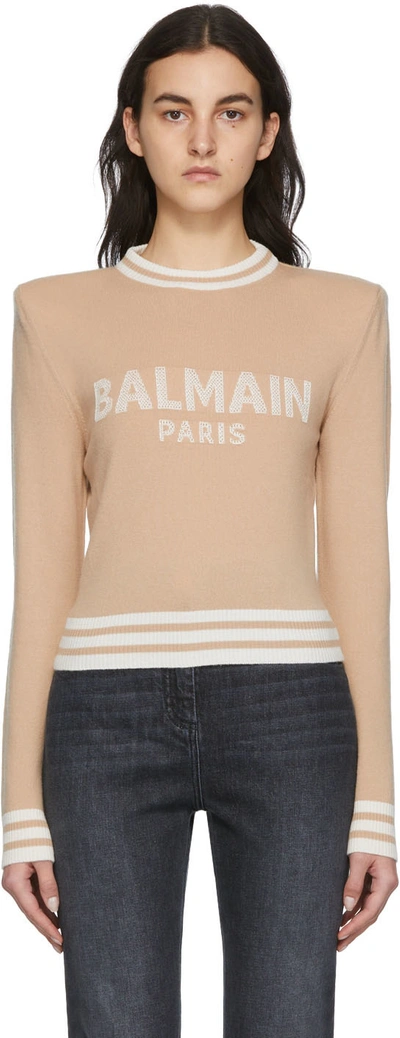 Balmain Woman Short Sand Jumper In Wool Blend With White Logo In Neutrals