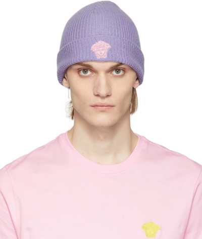 Versace Purple Embroidered Medusa Beanie In 紫色