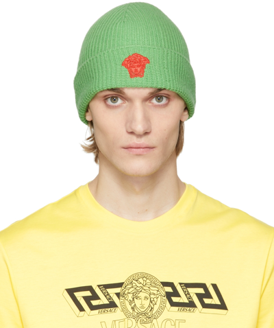 Versace Green Embroidered Medusa Beanie In Fluo Green
