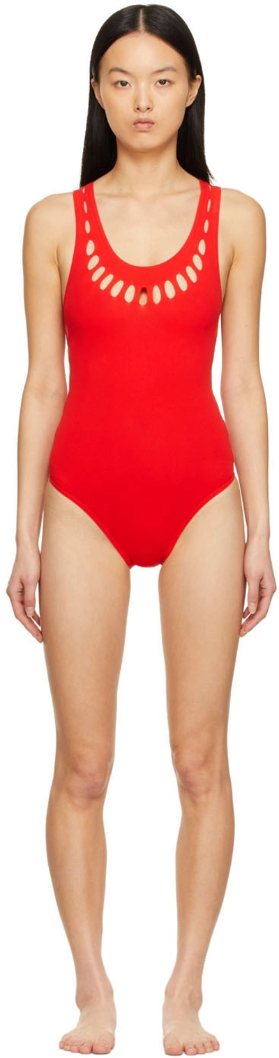 Alaïa Laser-cut Corset One-piece Swimsuit In Ecarlate