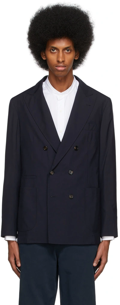 Brunello Cucinelli Navy Wool & Silk Hopsack Blazer In C003 Navy