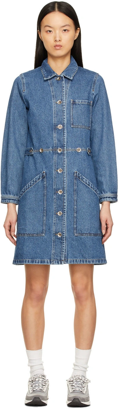 Apc Long-sleeve Denim Shirtdress In Washed Indigo