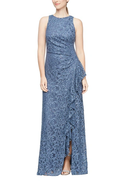 Alex Evenings Sequin Lace Cascading Ruffle Gown In Wedgewood