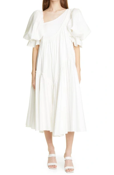 Aje Casabianca Braided Asymmetric Puff Sleeve Midi Dress In White