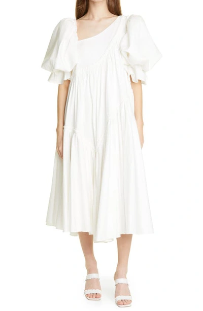 casabianca braided asymmetric puff sleeve midi dress Aje In White Women's CeCe Floral Bow Skater Color:Polka Dot Puff sleeve dress with