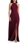 Dessy Collection Stand Collar Halter Maxi Dress With Criss Cross Open-back In Cabernet