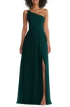 After Six One-shoulder Chiffon Maxi Dress With Shirred Front Slit In Evergreen