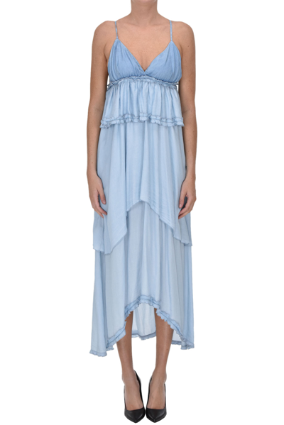 Pinko Agatha Cross Back Strap Tiered Ruffle Dress In Light Denim