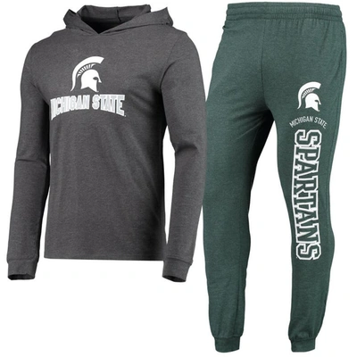 Concepts Sport Green/heather Charcoal Michigan State Spartans Meter Long Sleeve Hoodie T-shirt & Jog In Green,heathered Charcoal