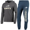Concepts Sport Men's  Navy, Heather Charcoal Navy Midshipmen Meter Long Sleeve Hoodie T-shirt And Jog In Navy