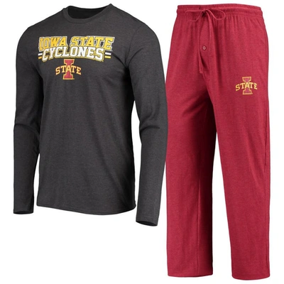 Concepts Sport Cardinal/heathered Charcoal Iowa State Cyclones Meter Long Sleeve T-shirt & Pants Sle In Cardinal,charcoal