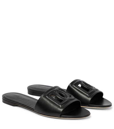 Dolce & Gabbana Logo Cutout Leather Slides In Black