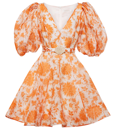 Zimmermann Postcard Belted Floral-print Linen And Silk-blend Mini Dress In White,orange