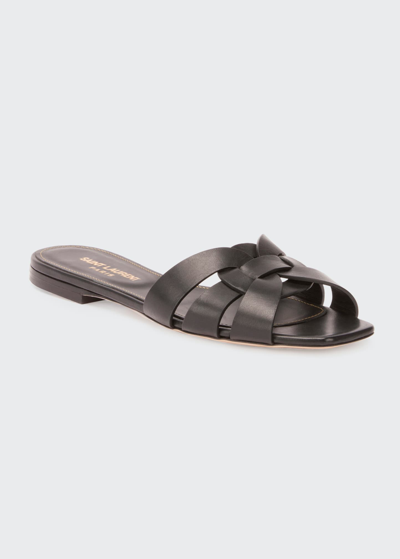 Saint Laurent Woven Leather Sandal Slide In Black